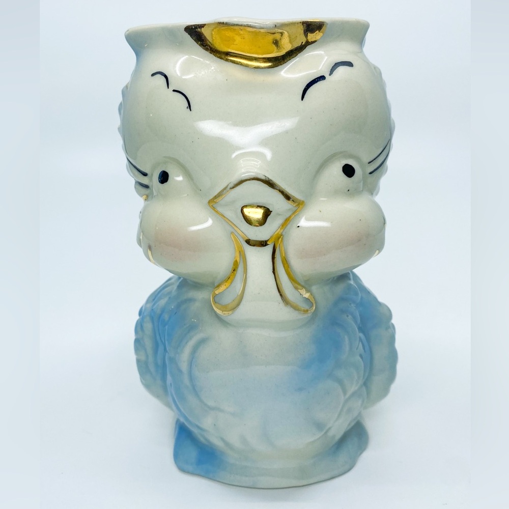 Vintage 1940s American Bisque Pottery Co Blue Chick Chickadee Owlette Creamer 🩵